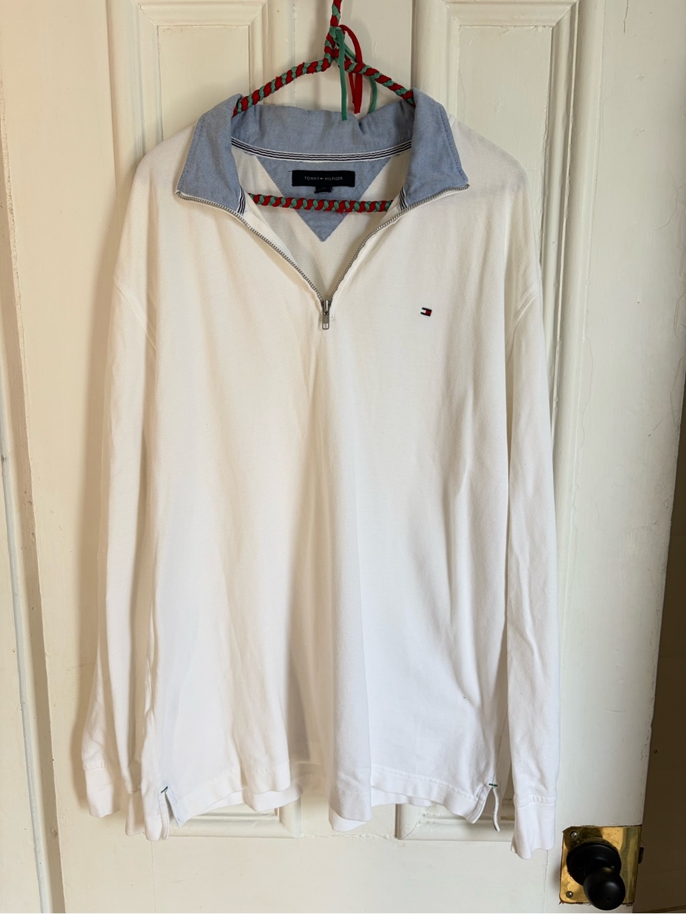 Tommy Hilfiger White Quarter-Zip Pullover Sweater With Denim Collar